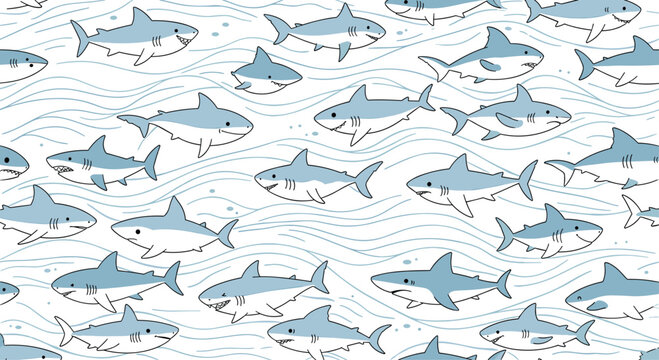 A playful seamless ocean pattern featuring many cute cartoon sharks swimming among blue waves on a white background for kids.