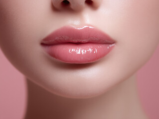 Obraz premium Close-up of lips, front-view portrait, woman with glossy light pink lip gloss