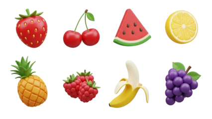 A colorful assortment of 3d rendered fruits isolated on transparent background, perfect for summer themes