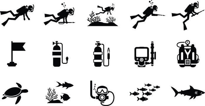 Scuba diving equipment and underwater life icons scuba diver scuba diver, snorkel, mask, fins, speargun, diving tank, flag, turtle, coral, fish, shark, underwater, ocean, sea, diving, equipment, gear,