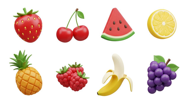 A colorful assortment of 3d rendered fruits isolated on transparent background, perfect for summer themes