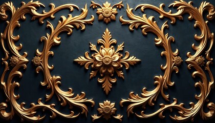 Golden ornate floral carvings on dark blue textured wall. Intricate vintage arabesque swirls and flower motifs create a luxurious baroque backdrop. Elegant baroque patterns.