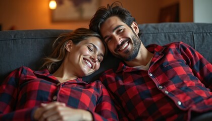 Smiling couple relax on sofa. Man and woman wear matching red plaid pajamas. They cuddle together and look happy. Lovers show affection, celebrate anniversary in a casual setting at home.