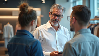 Obraz premium Mature businessman talks with client in modern shop. Man in shirt holds tablet. Team discuss product details. Business meeting concept. Store manager provides customer service in clothing store.