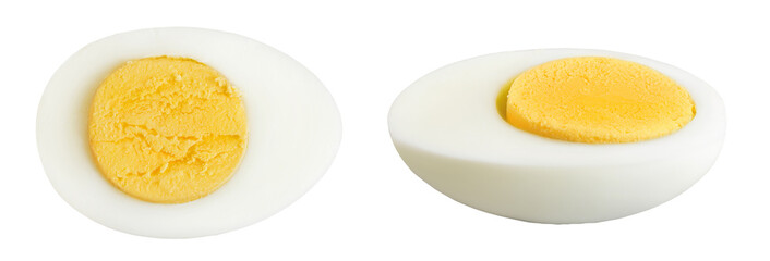 Boiled chicken egg isolated on white background. Top view. Flat lay