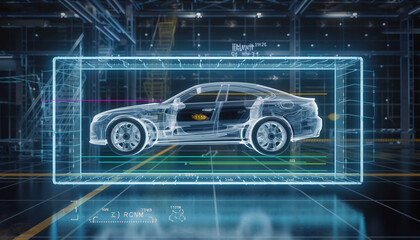 Digital Car Blueprint: An artistic depiction of a car rendered in a blueprint-style, framed within a digital interface, emphasizing its intricate design and technological aspects.