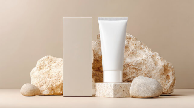 Soft white cream skincare tube mockup with packaging box on stone with light beige background.