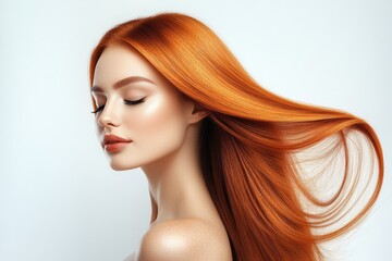 Fototapeta premium A beautiful woman with vibrant red hair looks thoughtfully to her left, conveying serenity and grace. Subtle makeup enhances her natural beauty.