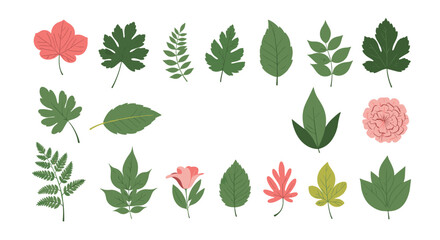 Naklejka premium A diverse collection of various hand-drawn leaves and flowers in different shapes and colors for botanical and nature-themed designs.