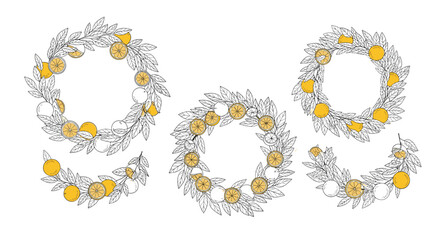 A beautiful set of hand-drawn lemon wreaths and branch arrangements with yellow fruit accents perfect for citrus-themed summer designs.