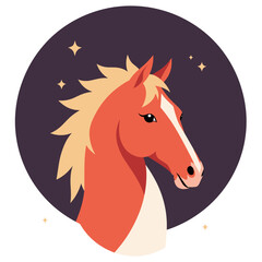 Elegant horse head in red with starry night circle background