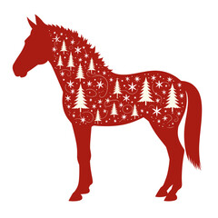 Red horse silhouette with Christmas tree pattern on white