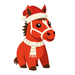 Cute cartoon horse in Santa hat and scarf on white background