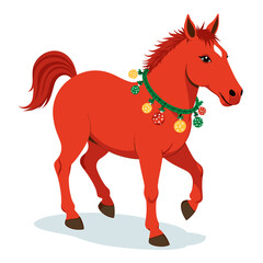 Red cartoon horse decorated with Christmas lights on white