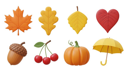 Autumn elements isolated on transparent background, maple leaf, oak leaf, birch leaf, heart, acorn, cherry, pumpkin