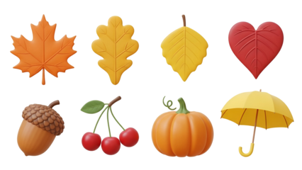 Autumn elements isolated on transparent background, maple leaf, oak leaf, birch leaf, heart, acorn, cherry, pumpkin