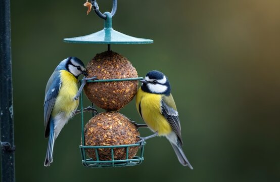 Two birds blue tit, great tit perch on feeder. Colourful songbirds eat suet fat balls with seeds. Wild animals feed from garden hanger in winter. Avian wildlife care birdwatching during cold season.