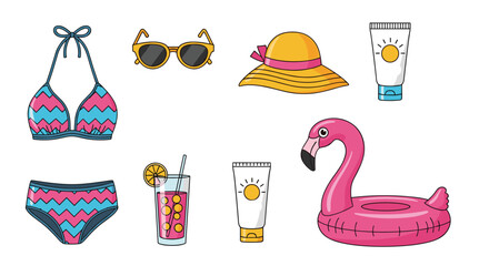 A colorful collection of essential summer beach items including a bikini sunglasses a sun hat sunscreen and a flamingo pool float.