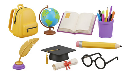 School supplies 3d render isolated on transparent background, backpack, globe, book, pencil, and graduation cap