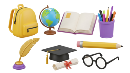 School supplies 3d render isolated on transparent background, backpack, globe, book, pencil, and graduation cap