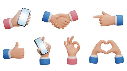 Set of 3d cartoon hands showing different gestures isolated on transparent background handshake, heart shape, ok sign