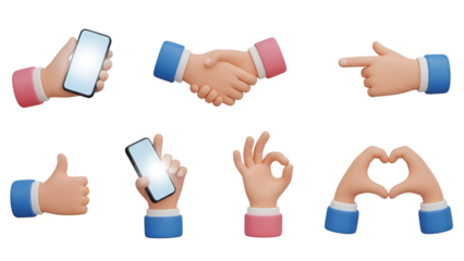 Set of 3d cartoon hands showing different gestures isolated on transparent background handshake, heart shape, ok sign