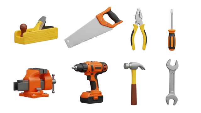 Assortment of essential tools isolated on transparent background for various repair and construction tasks