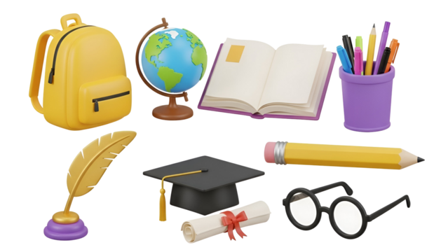 School supplies 3d render isolated on transparent background, backpack, globe, book, pencil, and graduation cap
