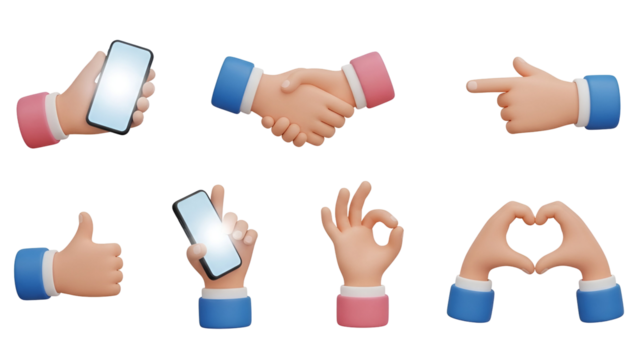 Set of 3d cartoon hands showing different gestures isolated on transparent background handshake, heart shape, ok sign