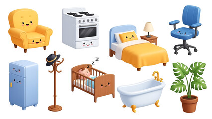 Adorable cartoon furniture set isolated on transparent background featuring a variety of cute home objects