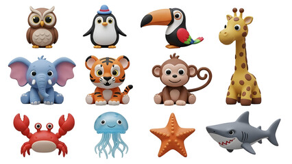 Collection of adorable cartoon animal figurines isolated on transparent background for kids and decoration