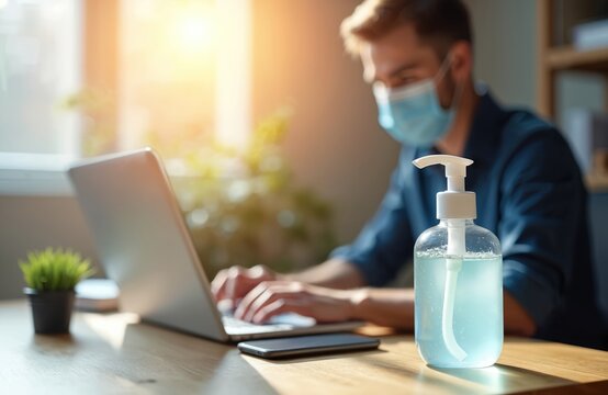 Man in medical mask works on laptop at home office desk. Types on computer keyboard for important remote business tasks. Hand sanitizer gel bottle, mobile phone sit on wooden table by window. Healthy - Powered by Adobe