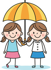 Cute cartoon illustration of two happy girls sharing yellow umbrella, friendship concept, kids protection, rainy day vector for children design