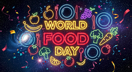 World Food Day Celebration: Neon Fruits, Plates, and Utensils in a Starry Cosmic Tribute to Global Nourishment and Unity