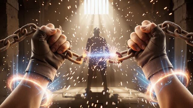 Superhuman strength shatters iron chains in a dramatic escape. Inner power, resilience, and breaking limitations concept. Personal perspective close-up.