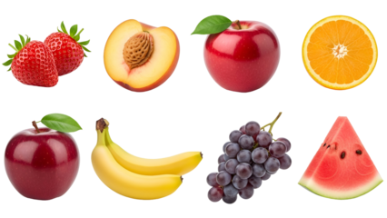 Fresh and colorful assortment of fruits isolated on transparent background, including strawberries, peach, apple, and orange