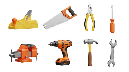 Assortment of hand tools isolated on transparent background, including a plane, saw, pliers, and screwdriver
