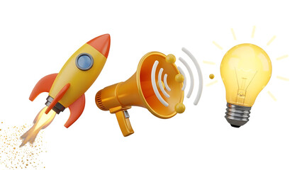 Rocket launch, megaphone sound, and light bulb isolated on transparent background creative idea concept
