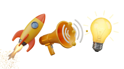 Rocket launch, megaphone sound, and light bulb isolated on transparent background creative idea concept