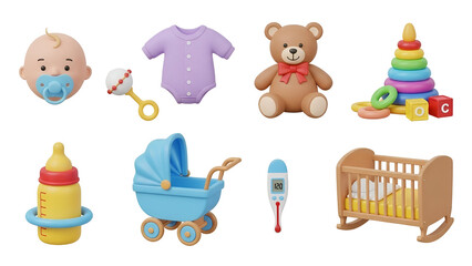 Baby toys and accessories isolated on transparent background for newborns and toddlers collection