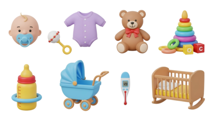 Baby toys and accessories isolated on transparent background for newborns and toddlers collection