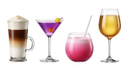 Four colorful cocktails isolated on transparent background, including latte, martini, and pink and yellow drinks