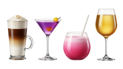 Four colorful cocktails isolated on transparent background, including latte, martini, and pink and yellow drinks