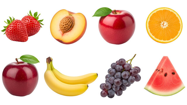 Fresh and colorful assortment of fruits isolated on transparent background, including strawberries, peach, apple, and orange