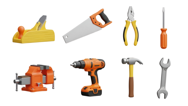 Assortment of hand tools isolated on transparent background, including a plane, saw, pliers, and screwdriver