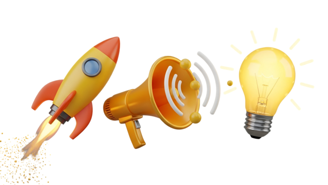 Rocket launch, megaphone sound, and light bulb isolated on transparent background creative idea concept