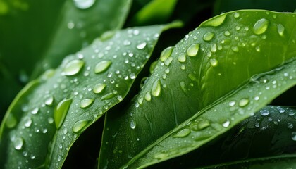 Close Up Of Vibrant Green Leaves Covered In Dew Drops