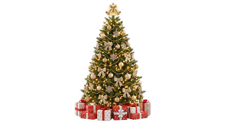 A dazzling Christmas tree radiates holiday cheer with gold ornaments bows a pile of presents beneath