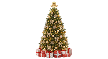 A dazzling Christmas tree radiates holiday cheer with gold ornaments bows a pile of presents beneath