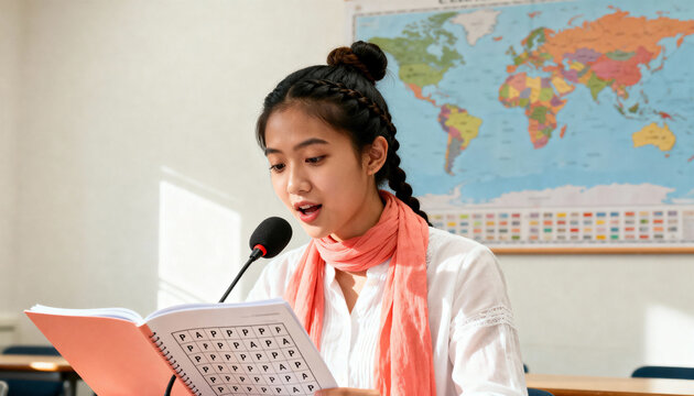 Young Asian student speaking into a microphone while reading from a book. Female pupil practicing pronunciation in a classroom with a world map. Education and language learning concept - Powered by Adobe